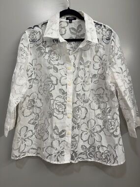 White Sheer Floral Button Up Blouse Lightweight